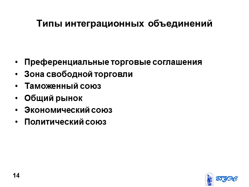 Типы интеграционных объединений  Преференциальные торговые соглашения Зона свободной торговли Таможенный союз Общий рынок